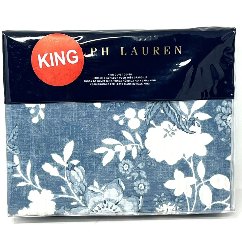 Ralph Lauren Indigo Cottage King Size Duvet Cover Blue Cream COTTON Floral NIP
